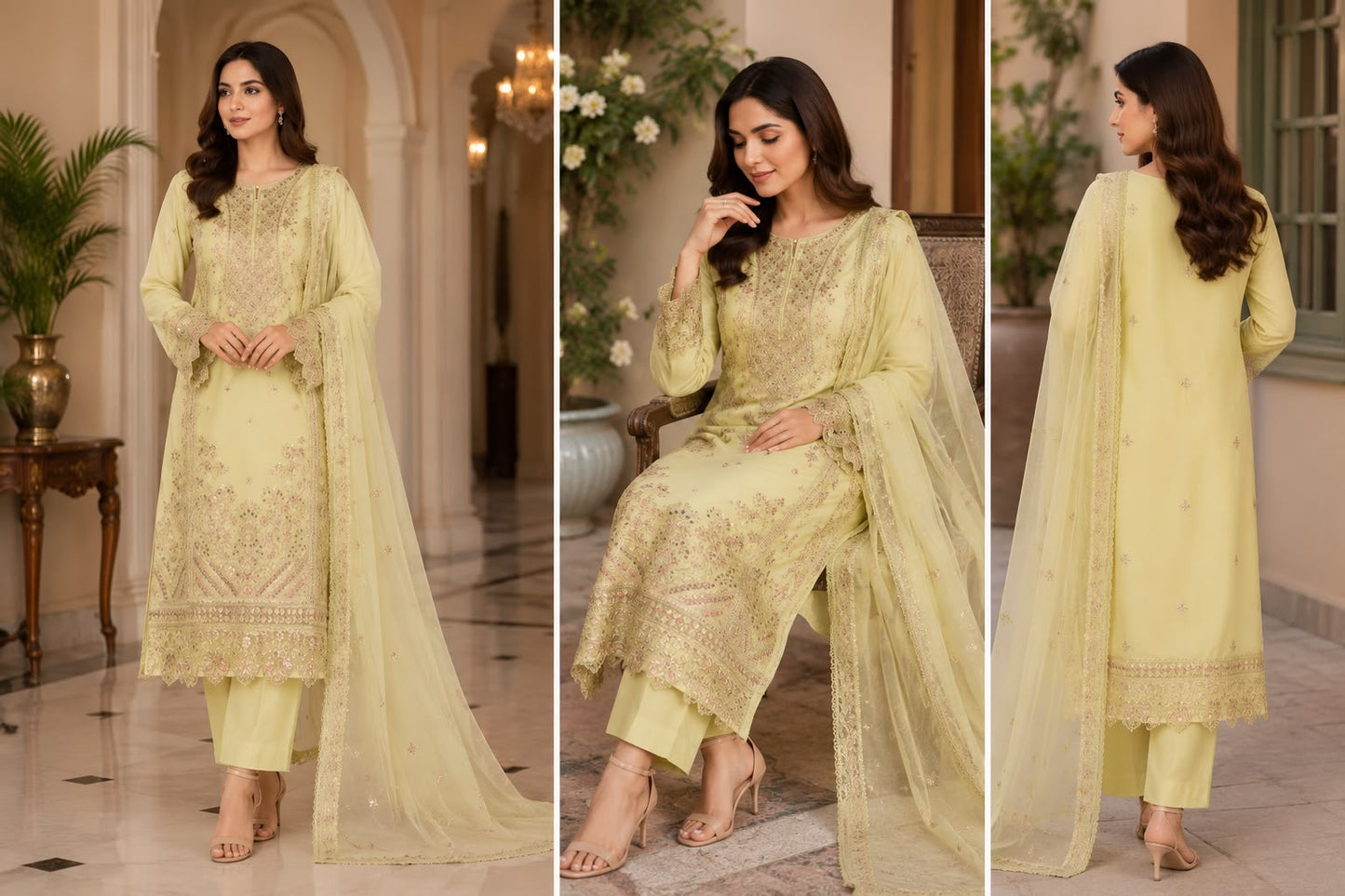 Pastel Lemon Embroidered 3-Piece Luxury Suit
