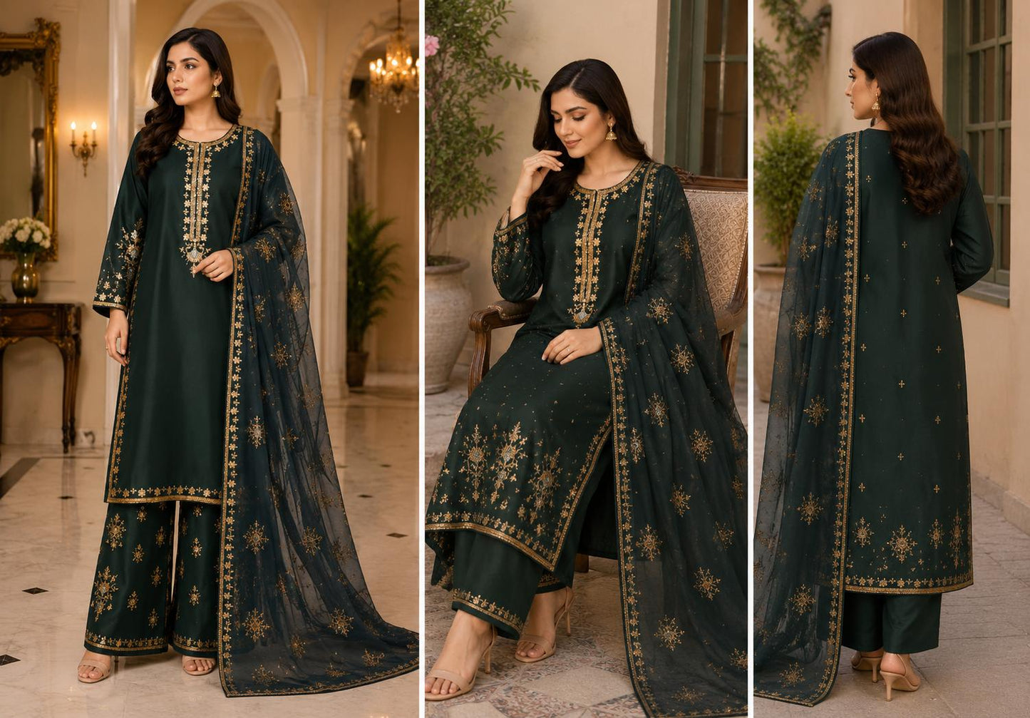 Emerald Noor – Golden Embroidered Three-Piece Suit