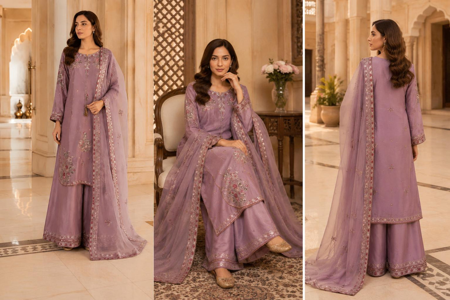 Mauve Rosé – Floral Embroidered Three-Piece Suit
