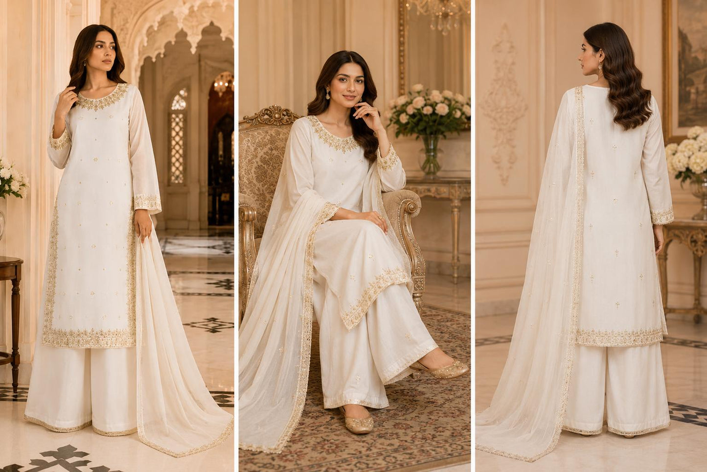 Ivory Pearl Embroidered Palazzo Suit