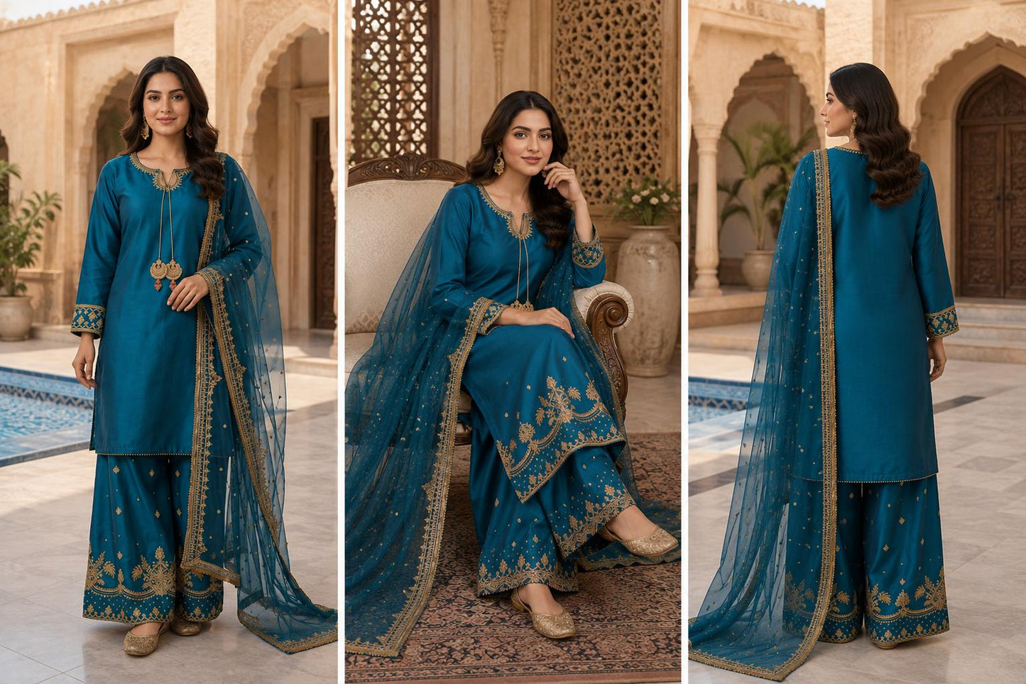 Teal Royalty Embroidered Palazzo Suit