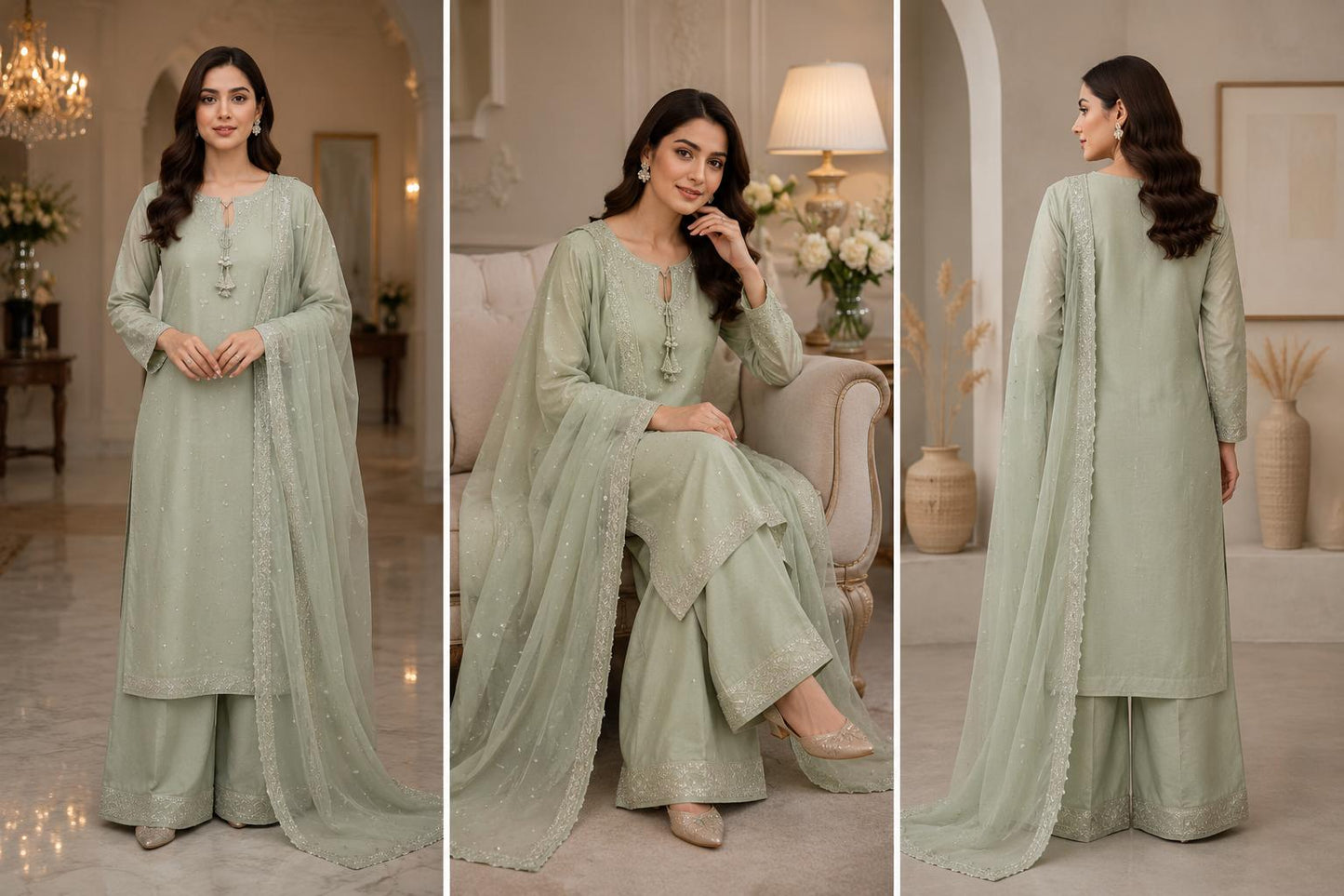 Misty Sage Embroidered Palazzo Suit