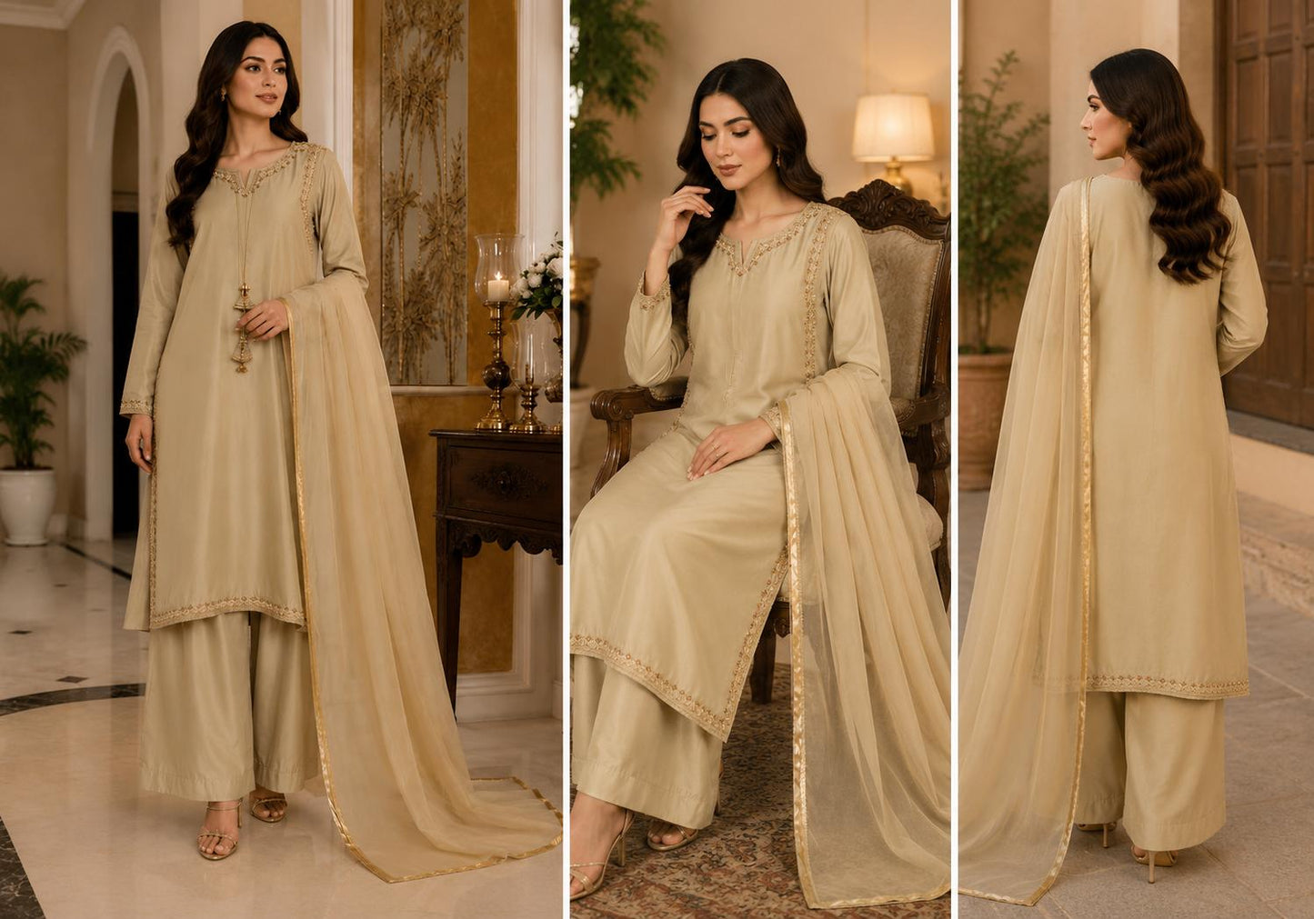 Champagne Gold Grace – Minimal Embroidered 3-Piece Formal Suit