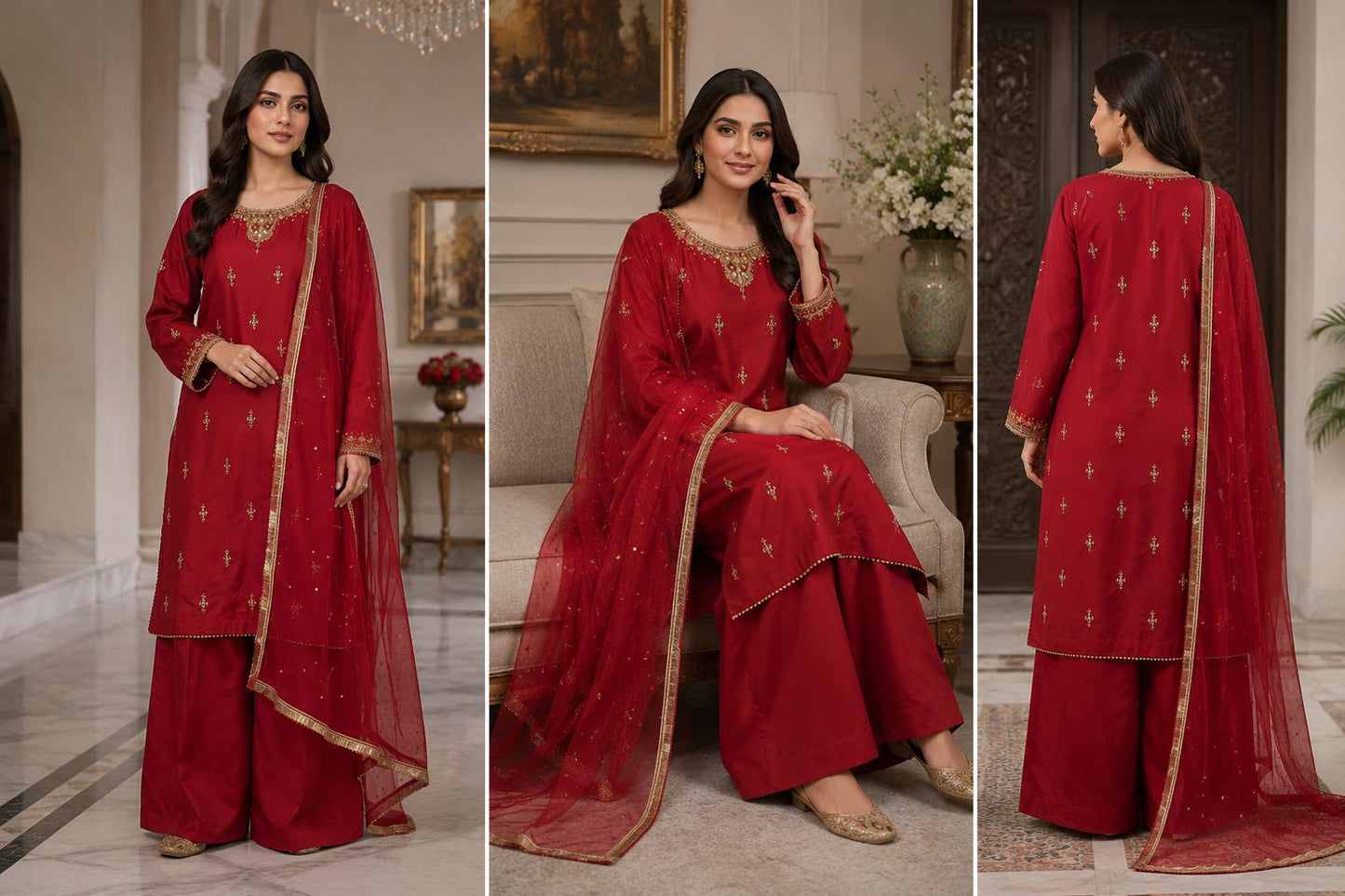 Crimson Zari Elegance Palazzo 3 Piece Suit