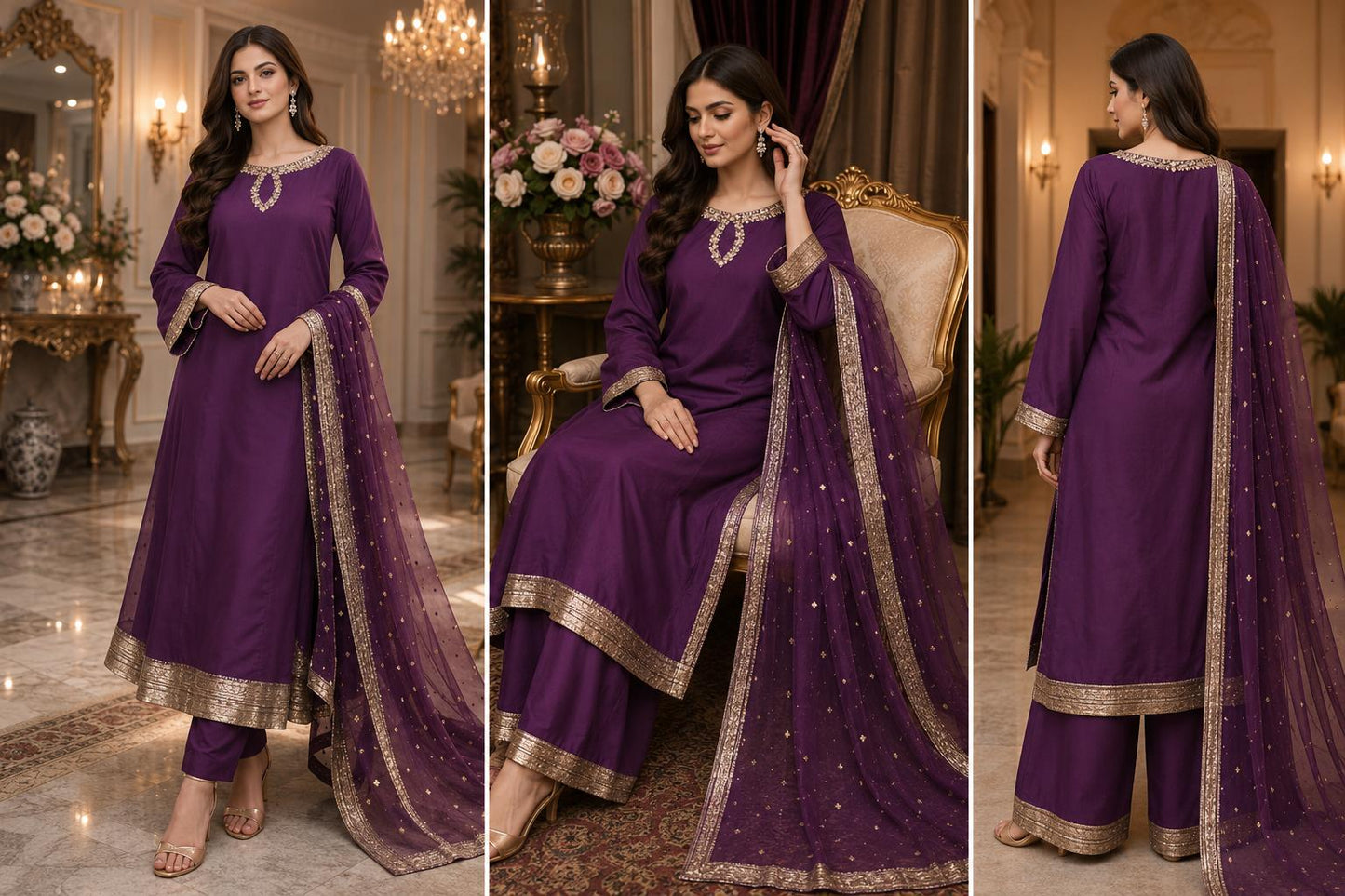 Royal Aubergine Zari Three-Piece Suit