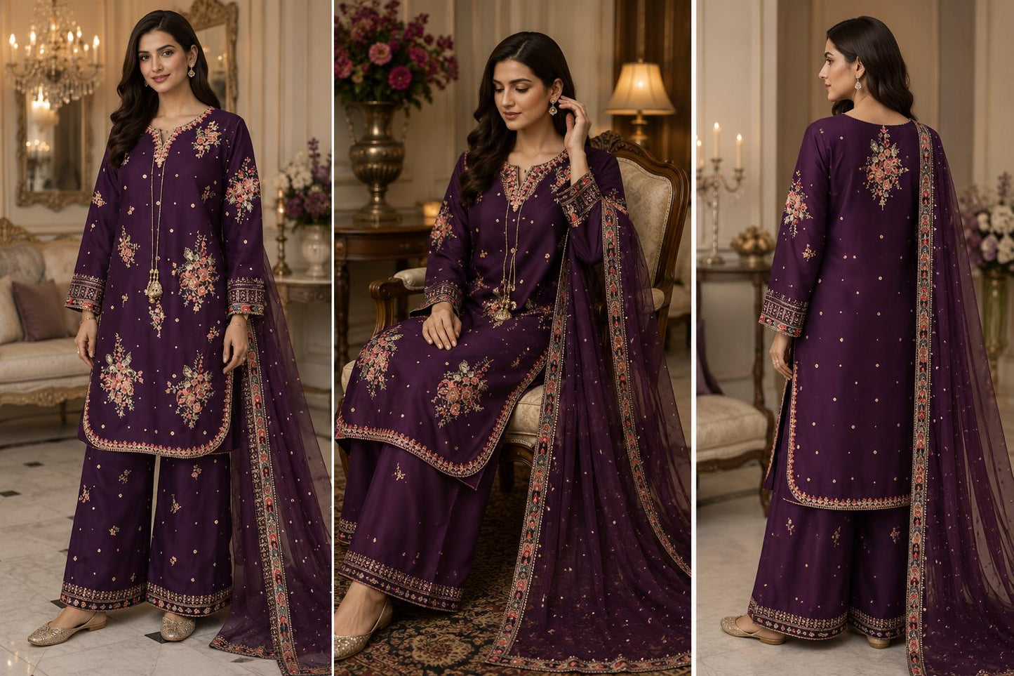 Royal Plum Floral Embroidered Palazzo Suit