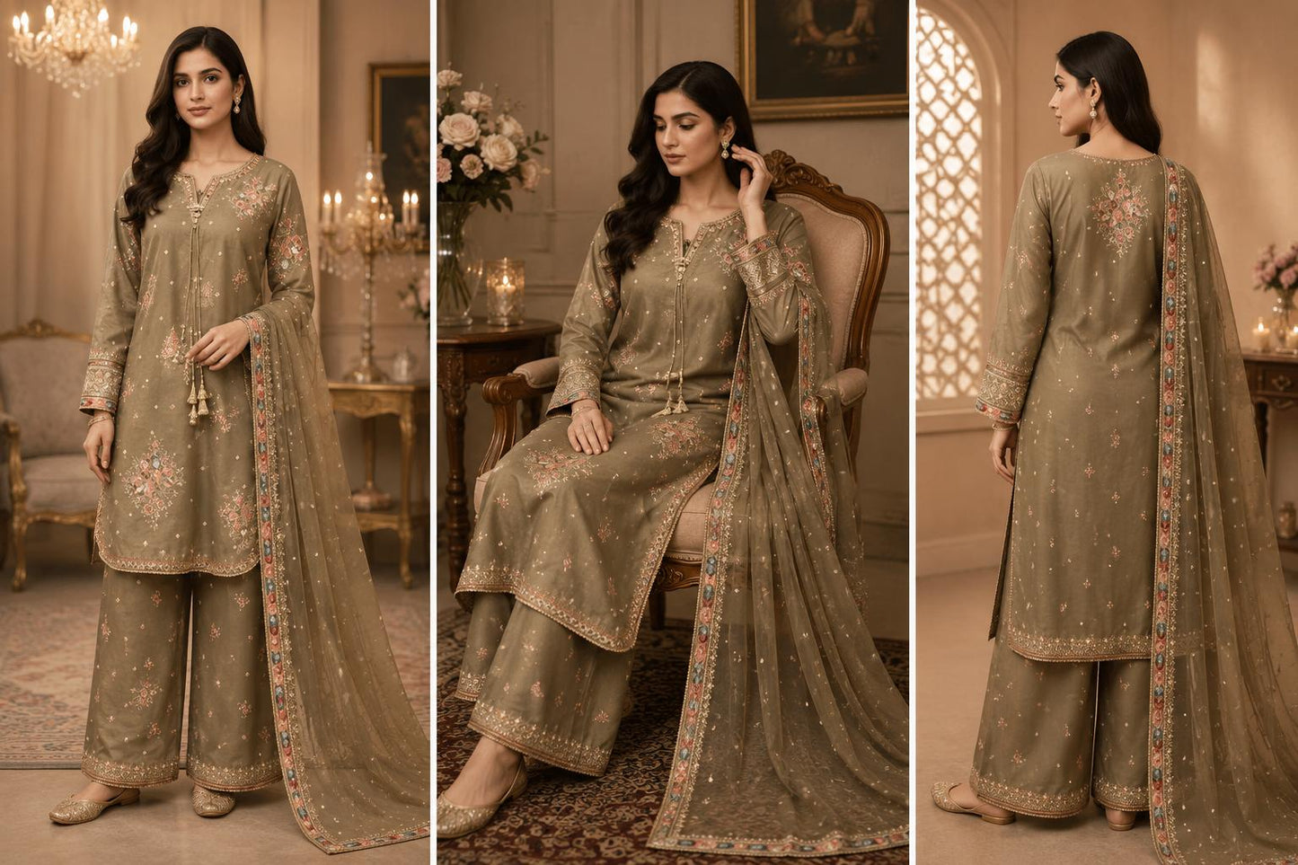 Olive Mist Floral Embroidered Palazzo Suit