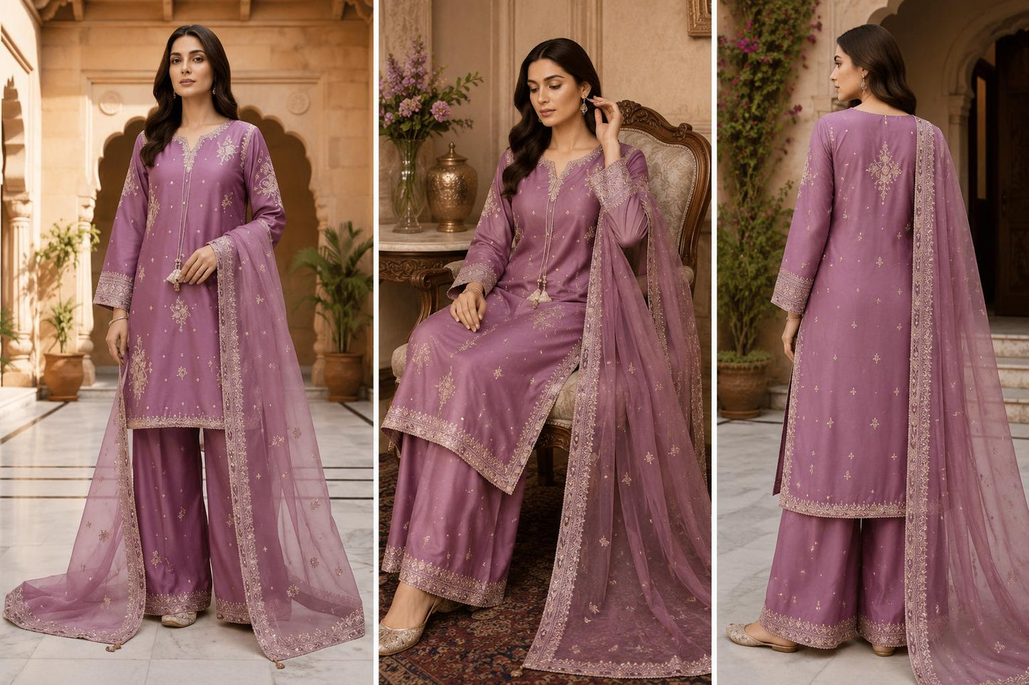 Dusty Mauve Silver Embroidered Palazzo 3 Piece Suit