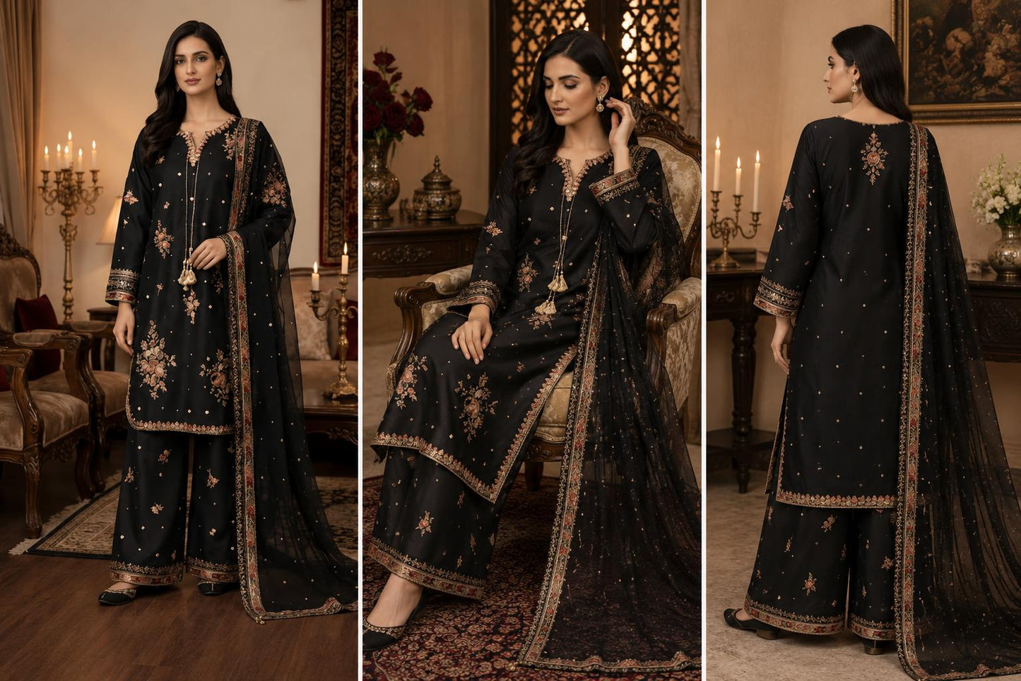 Midnight Embroidered Palazzo 3 Piece Suit