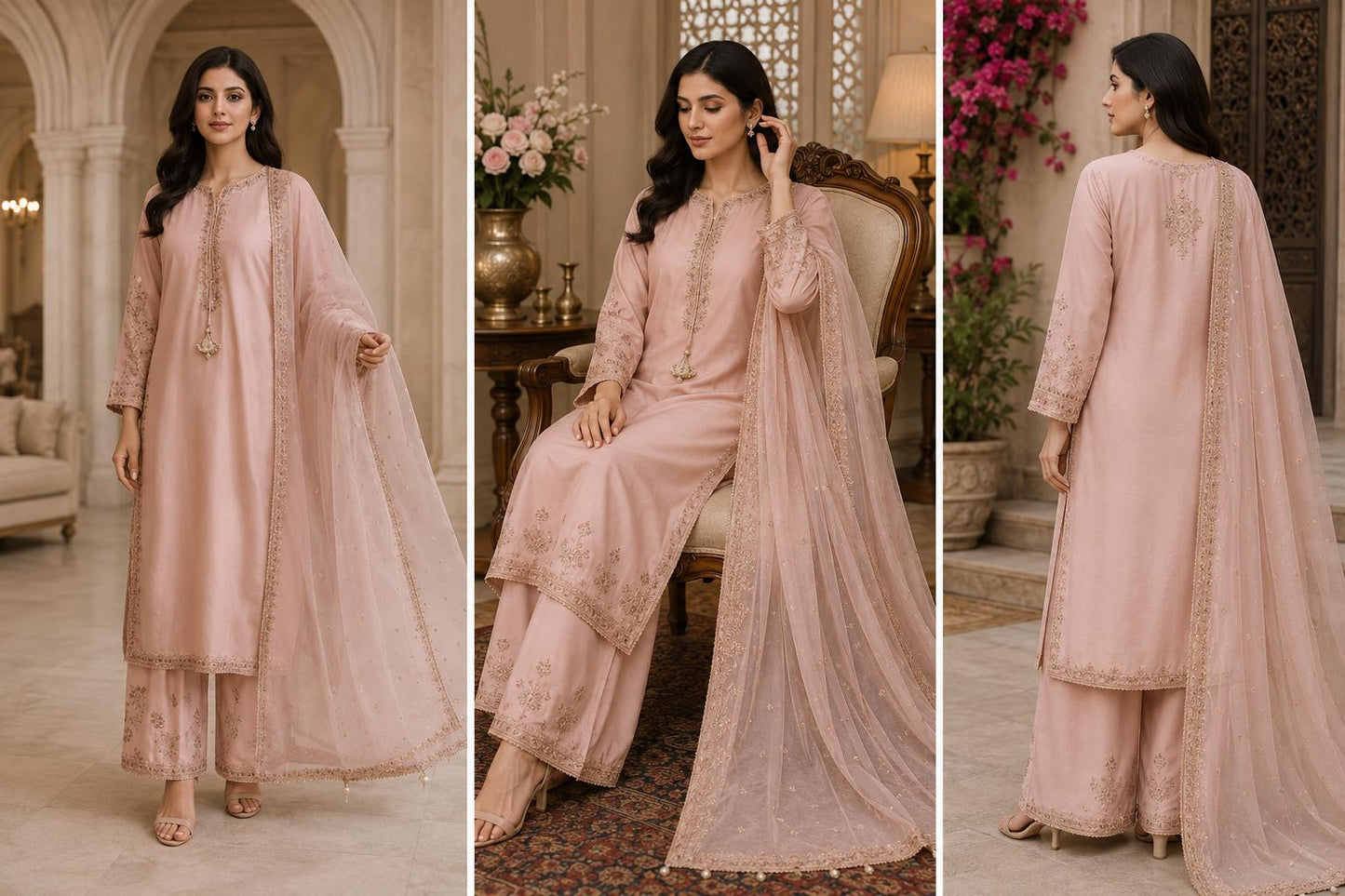 Blush Rose Pearl Embroidered Palazzo 3 Piece Suit