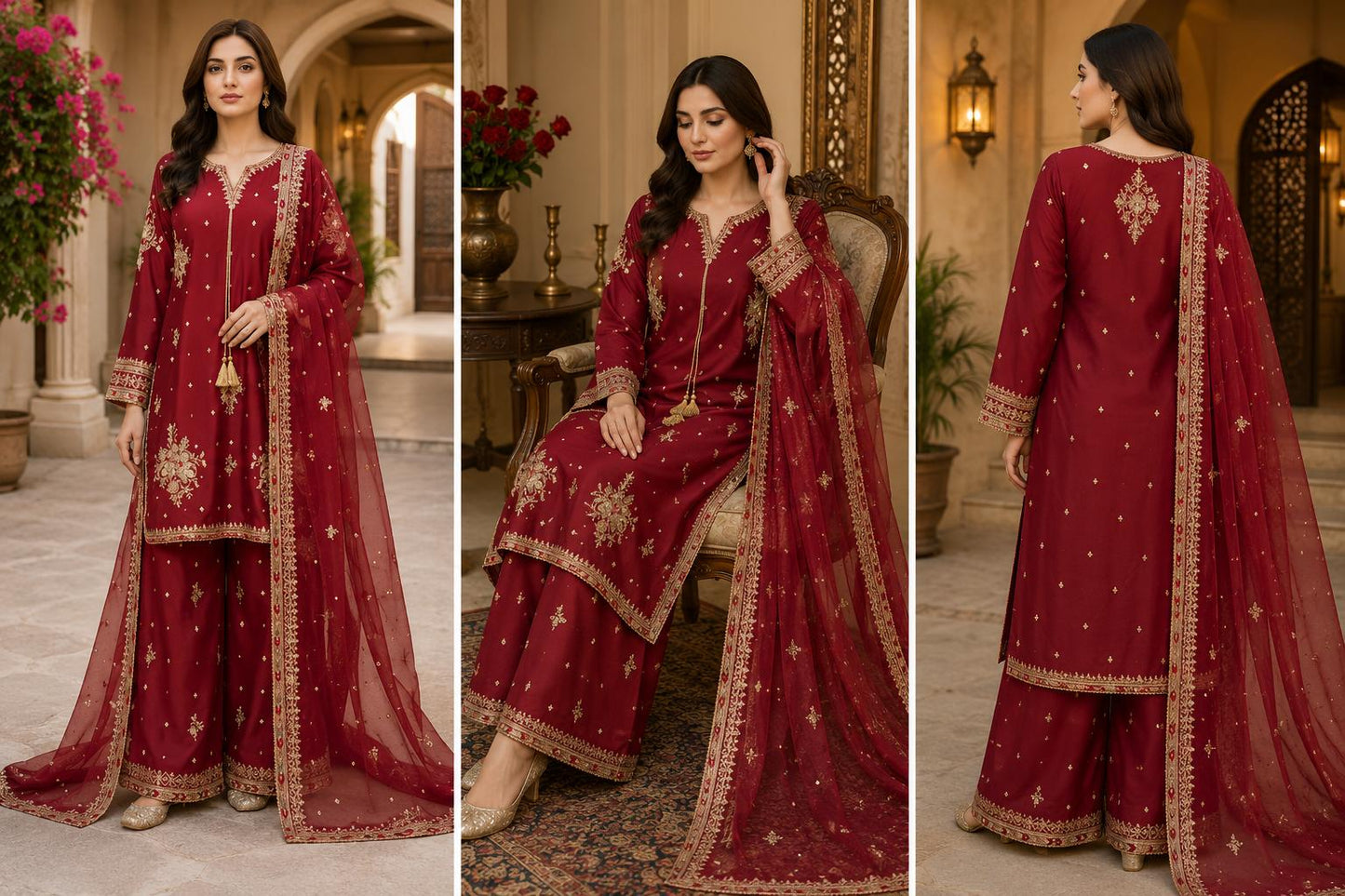 Royal Maroon Zari Palazzo Suit 3 Piece