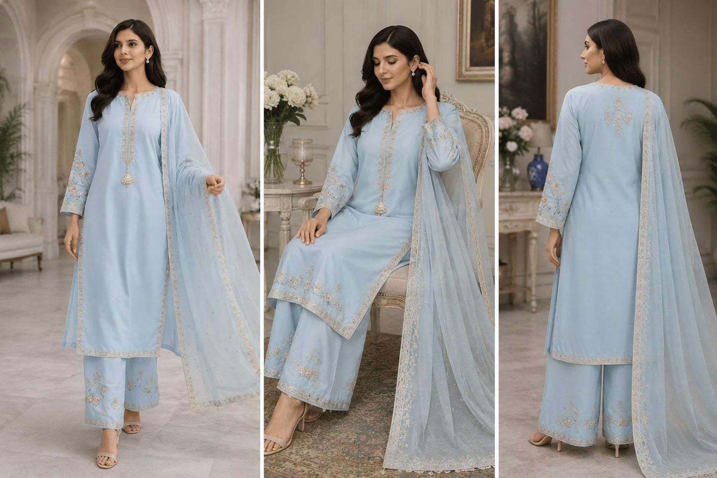 Powder Blue Pearl Embroidered Palazzo Suit