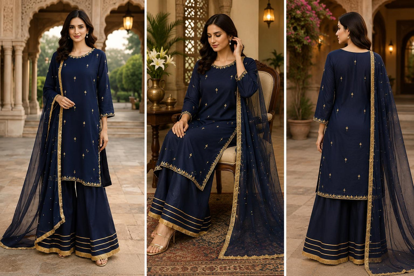 Midnight Navy blue-Embroidered Palazzo Suit