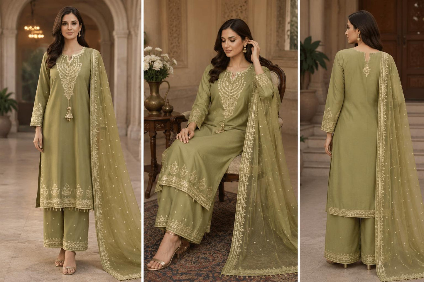 Sage Olive Ivory-Embroidered Palazzo Suit