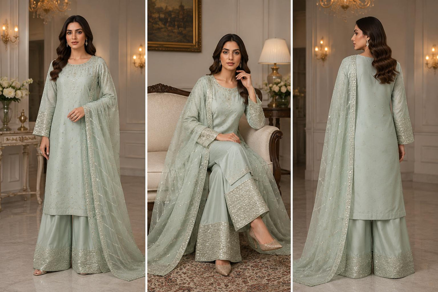 Mint Pearl Embroidered Palazzo Suit