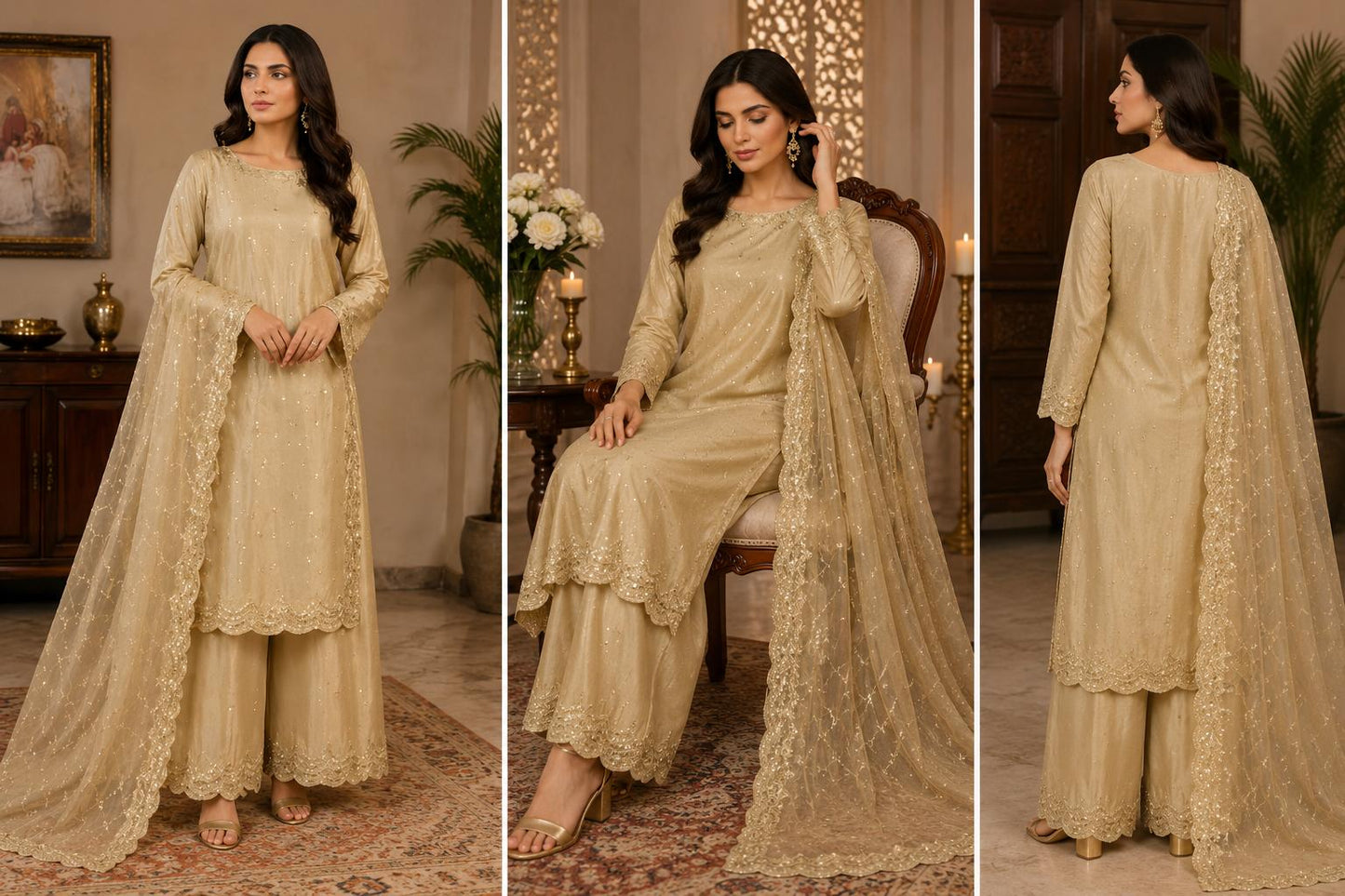 Champagne Gold Sequin-Embroidered Palazzo Suit