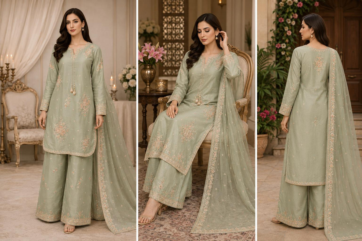 Pastel Sage Peach-Embroidered Palazzo Suit
