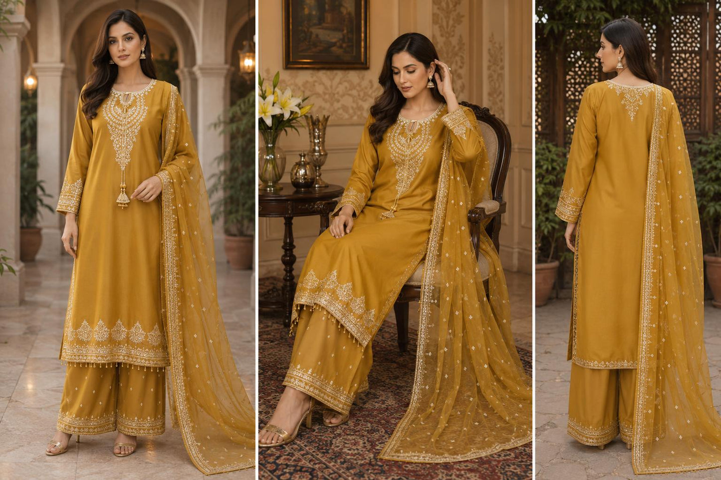 Golden Mustard Embroidered Palazzo Suit