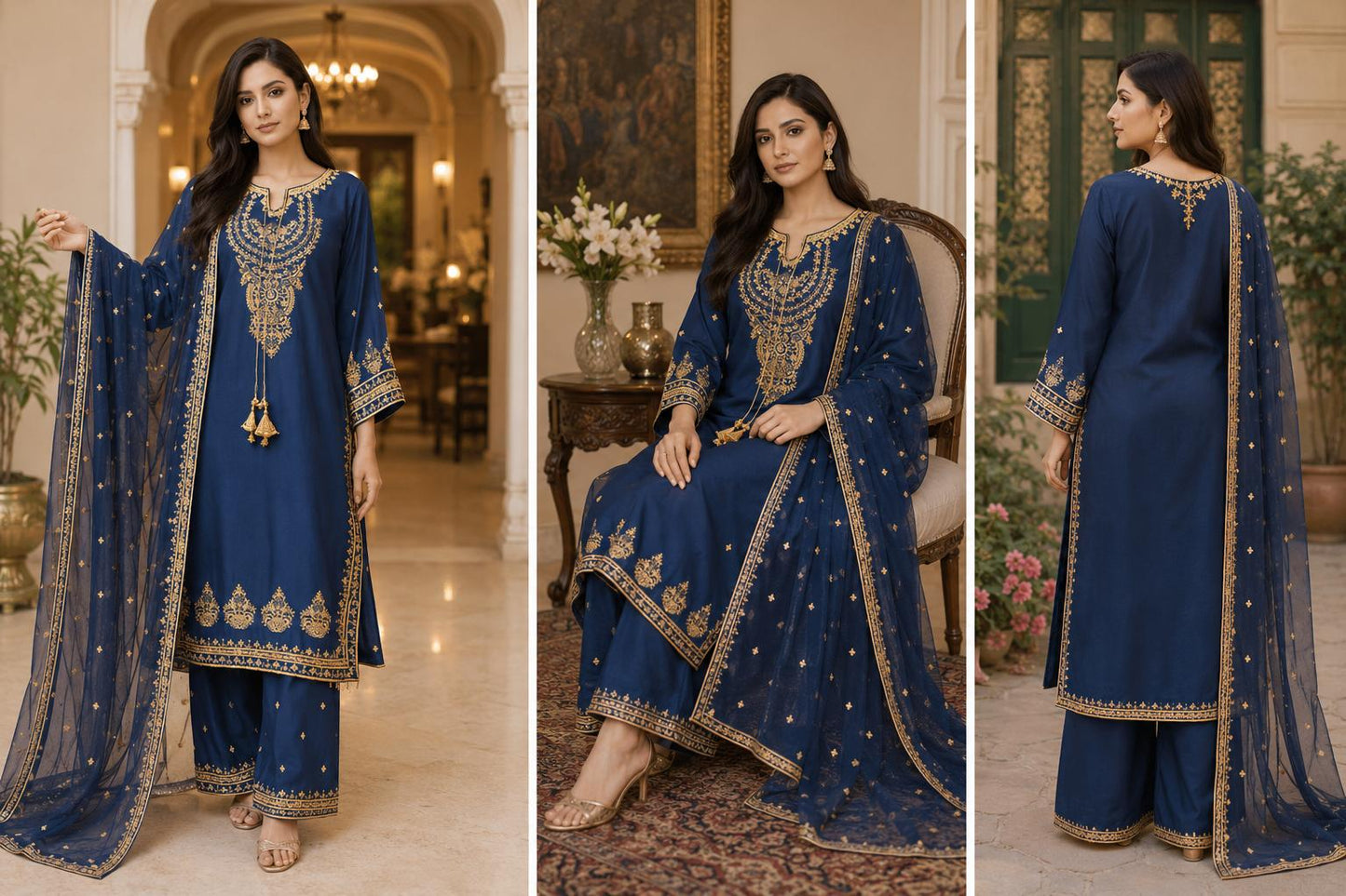Midnight Navy Gold Embroidered Palazzo Suit