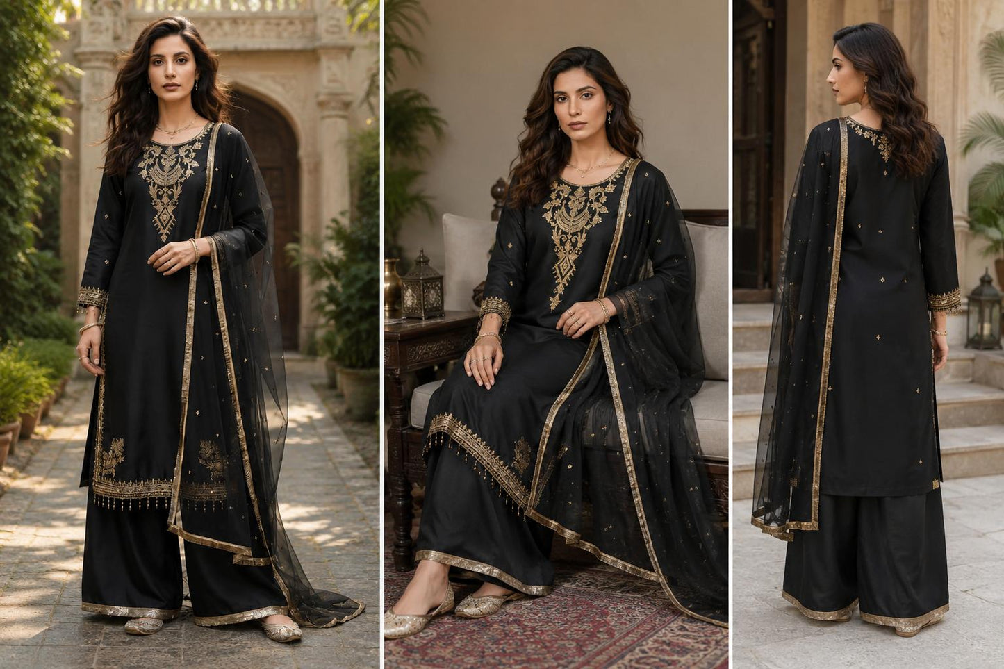 Midnight Gold Embroidered Palazzo Suit