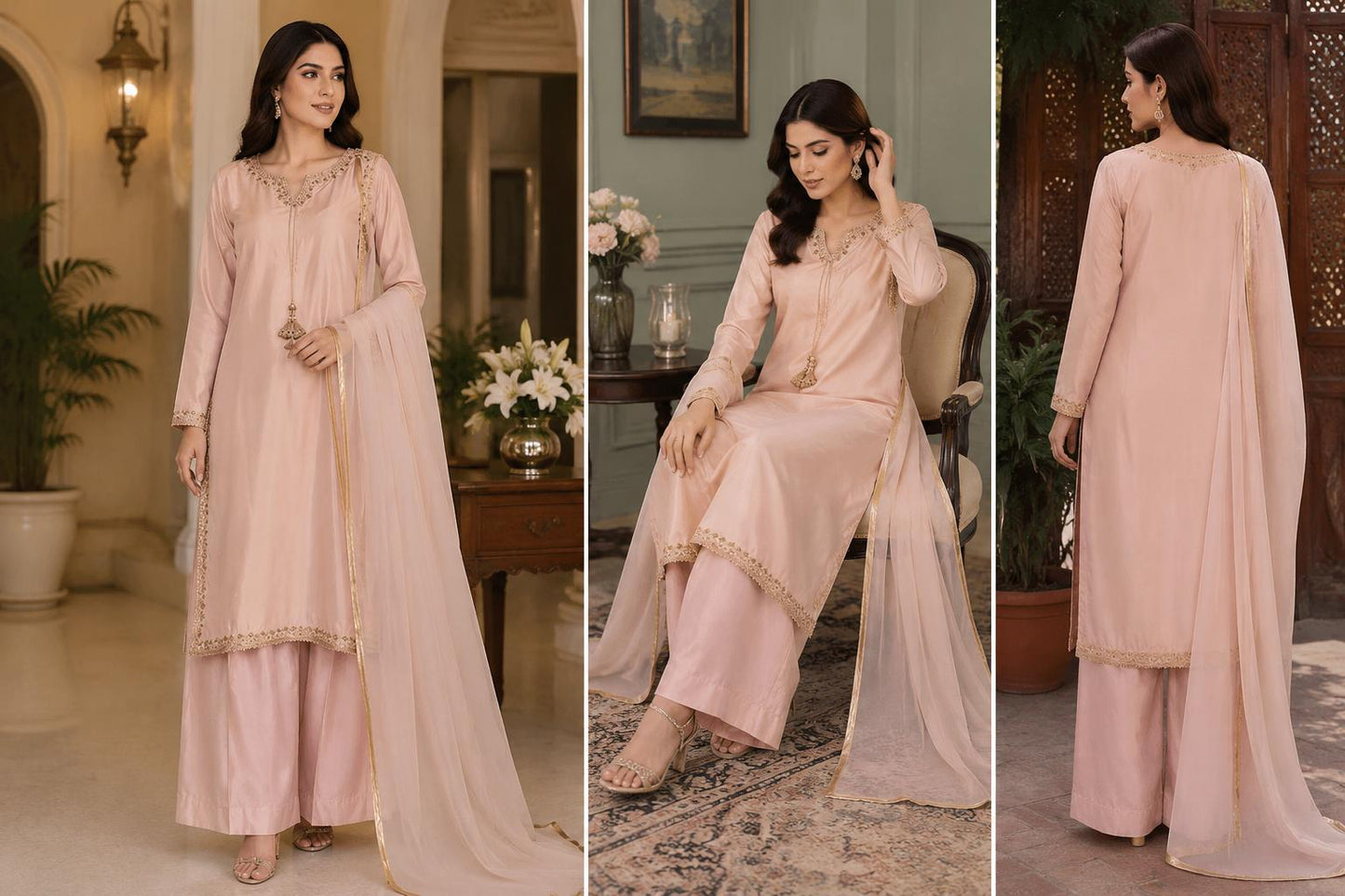 Blush Rose Gold Palazzo Suit 3 Piece