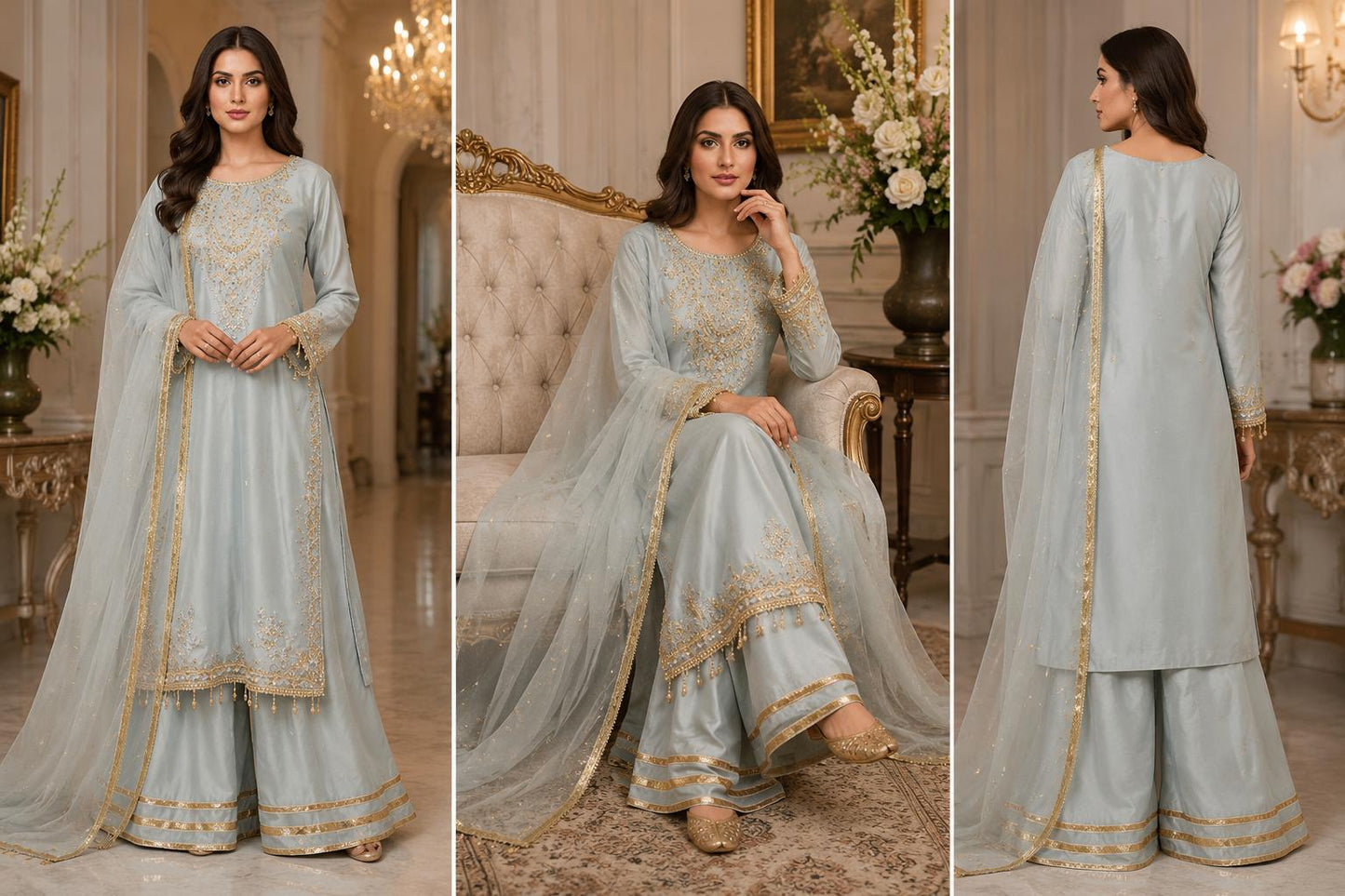 Ice Blue Gold Embroidered Palazzo Suit