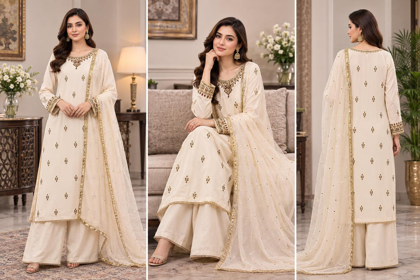 Ivory Noor Embroidered Palazzo 3 Piece