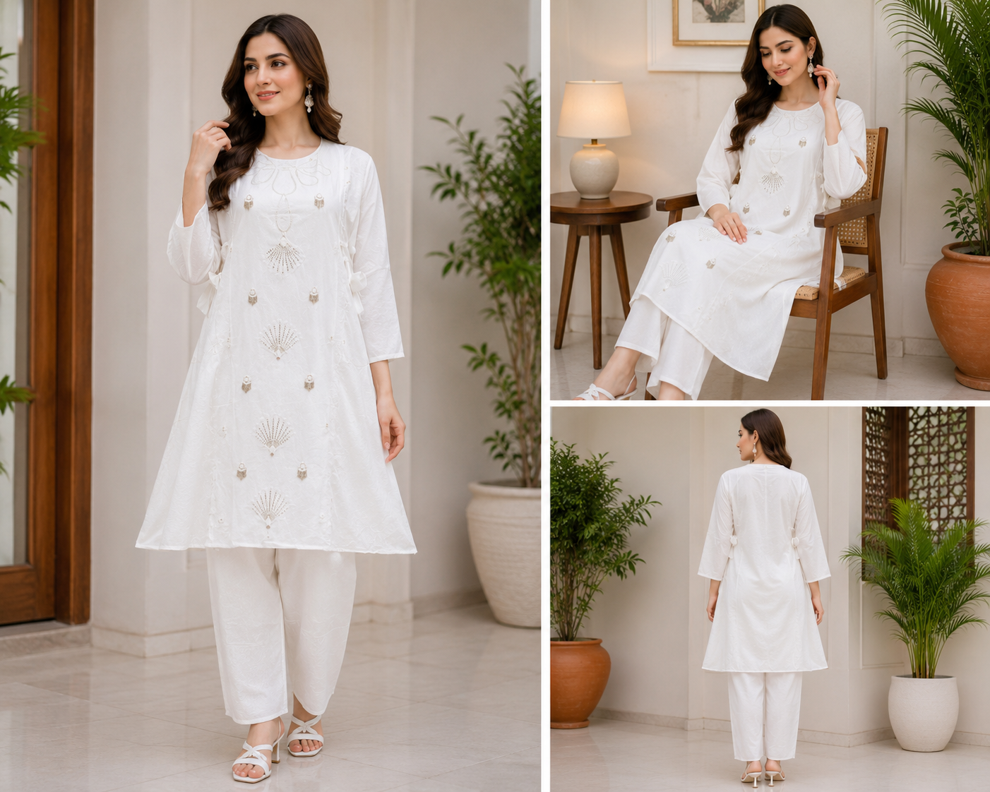 Classic White Embroidered Kurti Set - 2 Piece