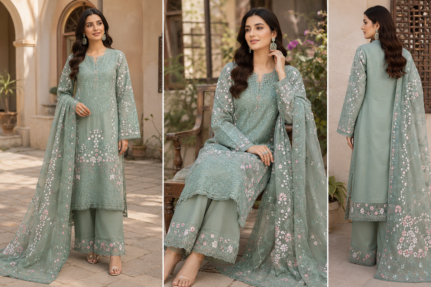 Mint Elegance Embroidered Suit - 3 Piece