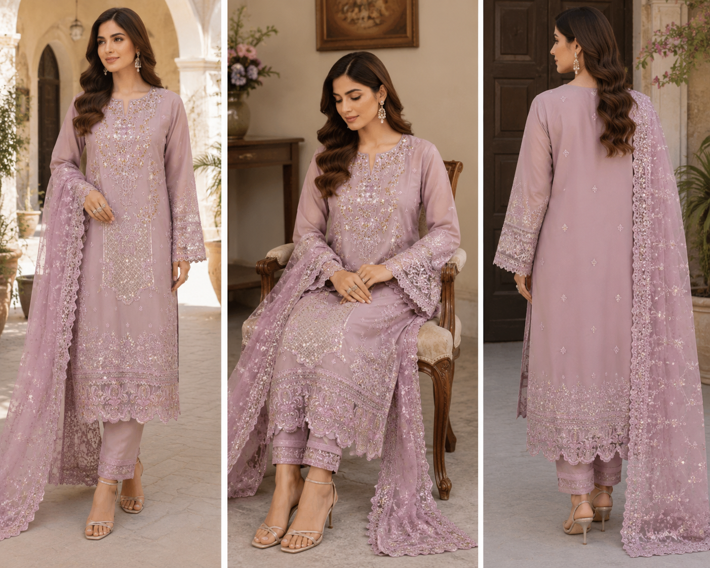 Dusty rojer Embroidered Suit - 3 Piece