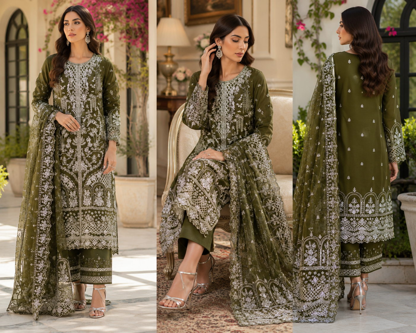 Olive Royale Embroidered Suit - 3 Piece