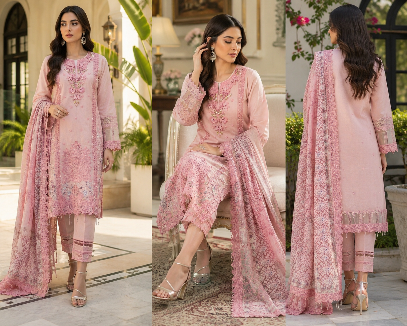 Pink Petals Embroidered Suit - 3 Piece