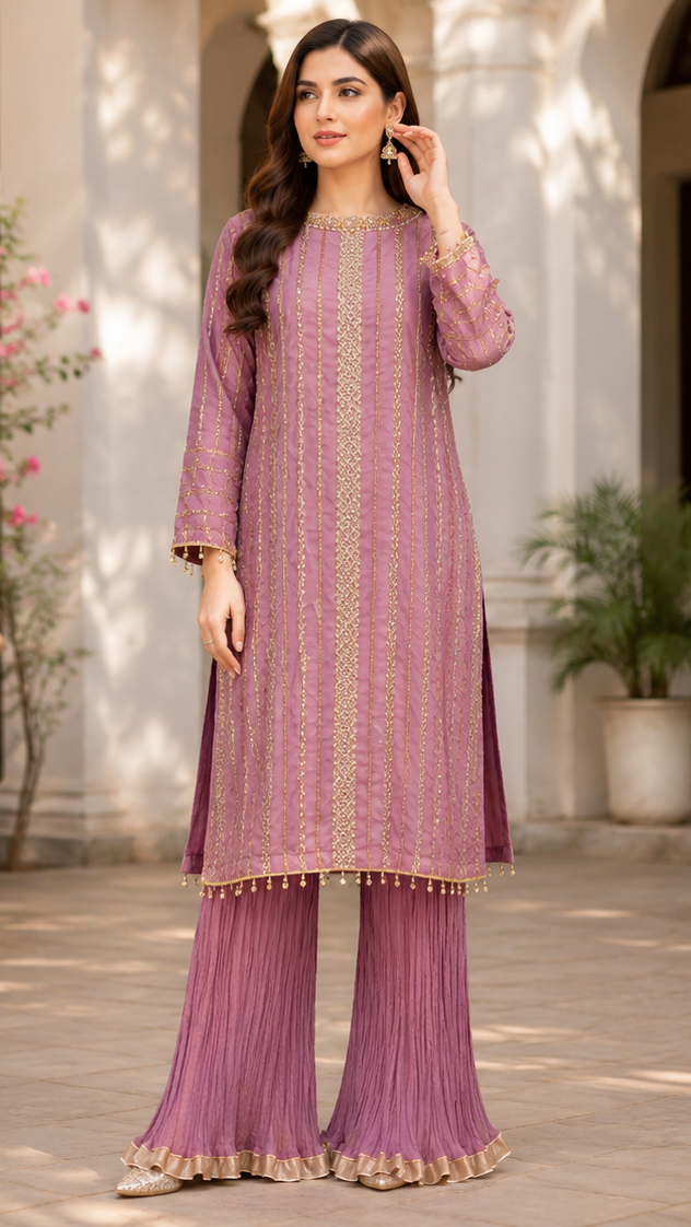 Mauve Majesty Embroidered 3 Pc Suit