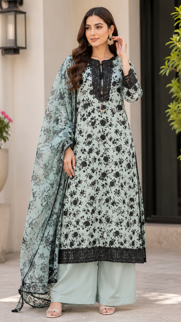 Mint Noir Embroidered 3 Piece Suit