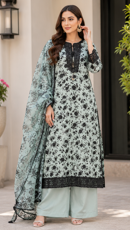 Mint Noir Embroidered 3 Piece Suit