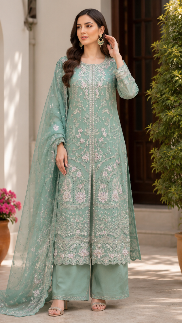 Emerald Mist Embroidered 3 Piece Suit
