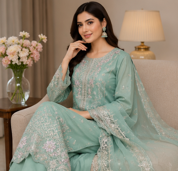 Regal Scarlet – 3 Piece Embroidered Suit