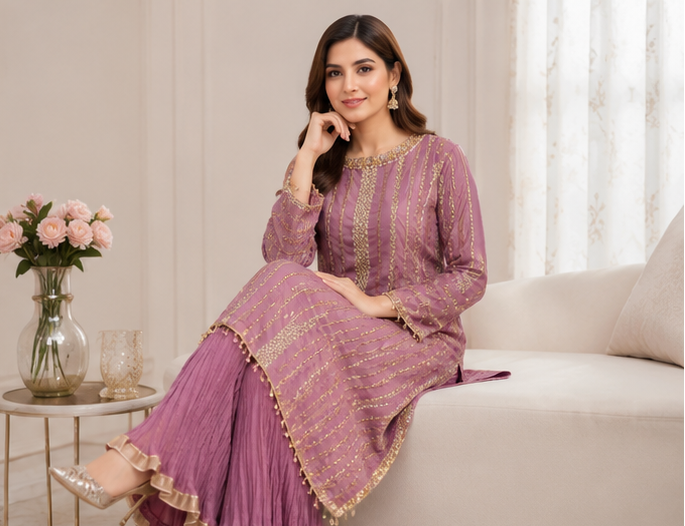 Mauve Majesty Embroidered 3 Pc Suit
