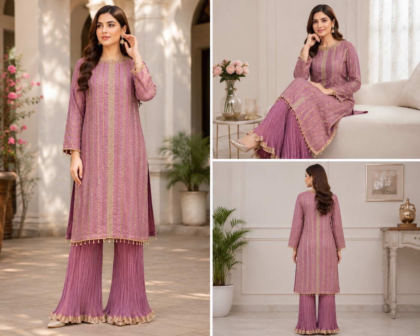 Mauve Majesty Embroidered 3 Pc Suit