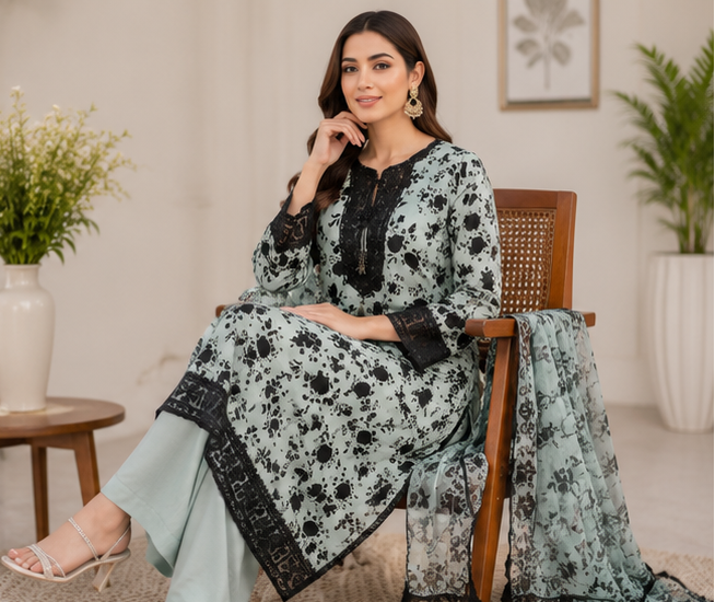 Mint Noir Embroidered 3 Piece Suit