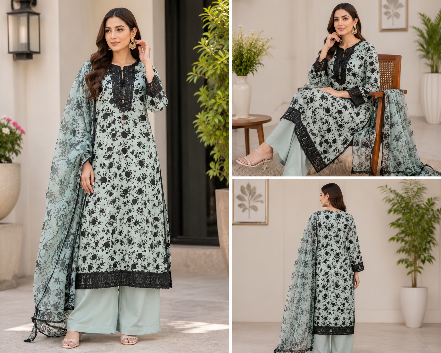 Mint Noir Embroidered 3 Piece Suit