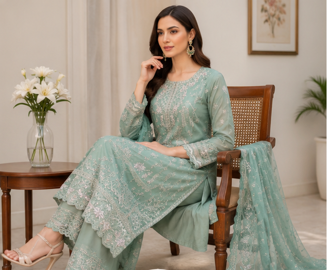 Emerald Mist Embroidered 3 Piece Suit
