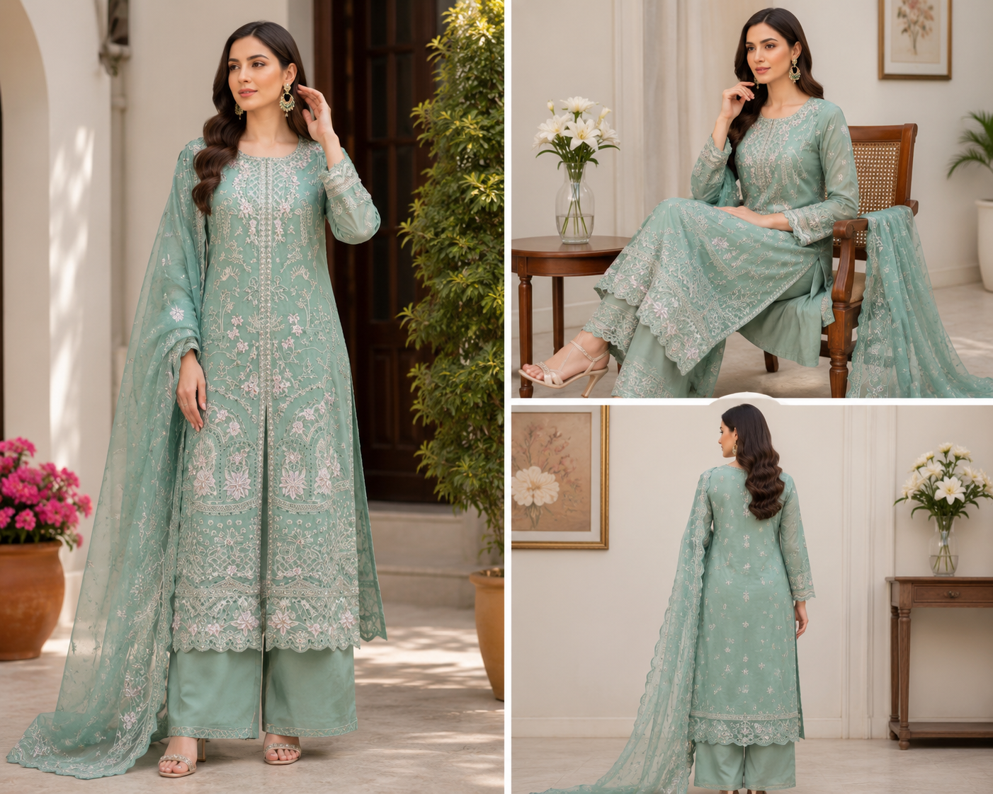 Emerald Mist Embroidered 3 Piece Suit