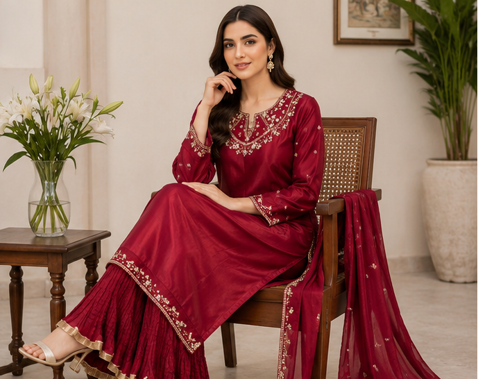 Ruby Royale Embroidered 3 Piece Suit