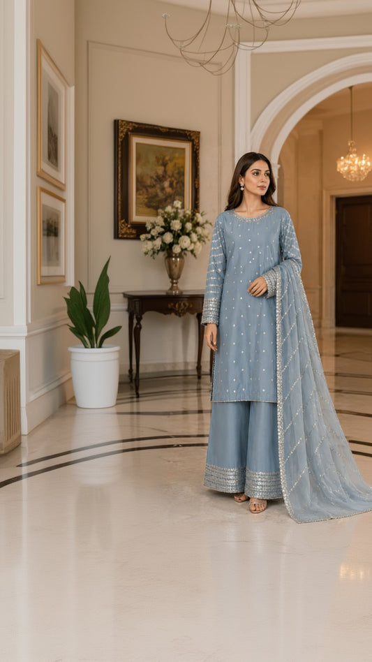Powder Blue 3-Piece Embroidered Suit