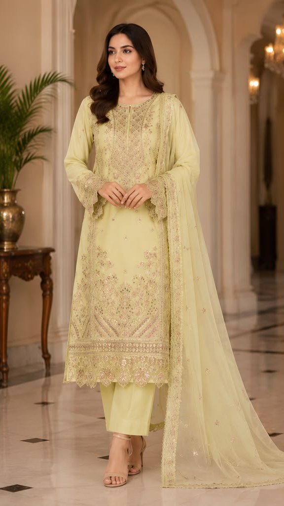 Pastel Lemon Embroidered 3-Piece Luxury Suit