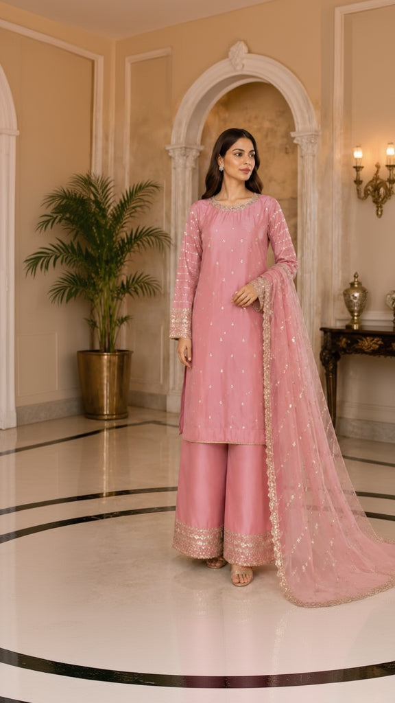 Blush Pink Embroidered 3-Piece Luxury Suit