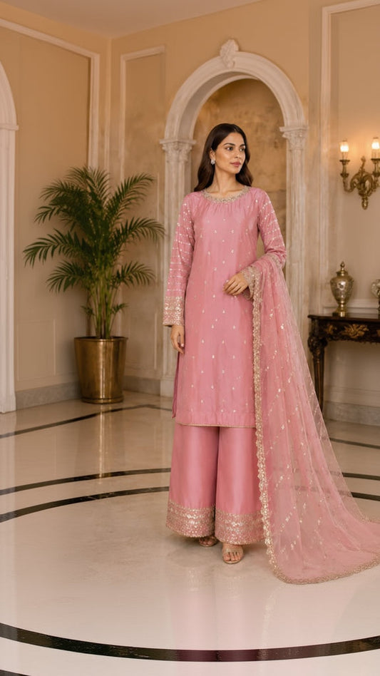 Blush Pink Embroidered 3-Piece Luxury Suit