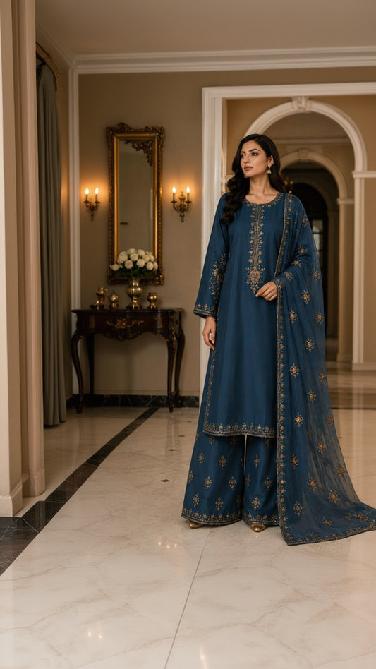 Fly Navy Blue Embroidered 3-Piece Suit