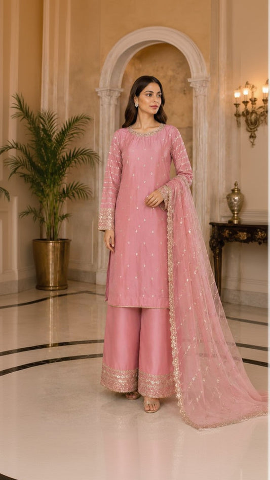 Rose Pink Silver Elegance – Embroidered 3-Piece Formal Suit